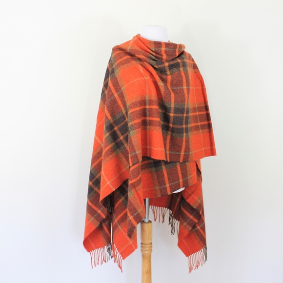 New Made in Ireland Lambs' Wool Wrap Cape Plaid Orange Tan - Picture 3 of 9